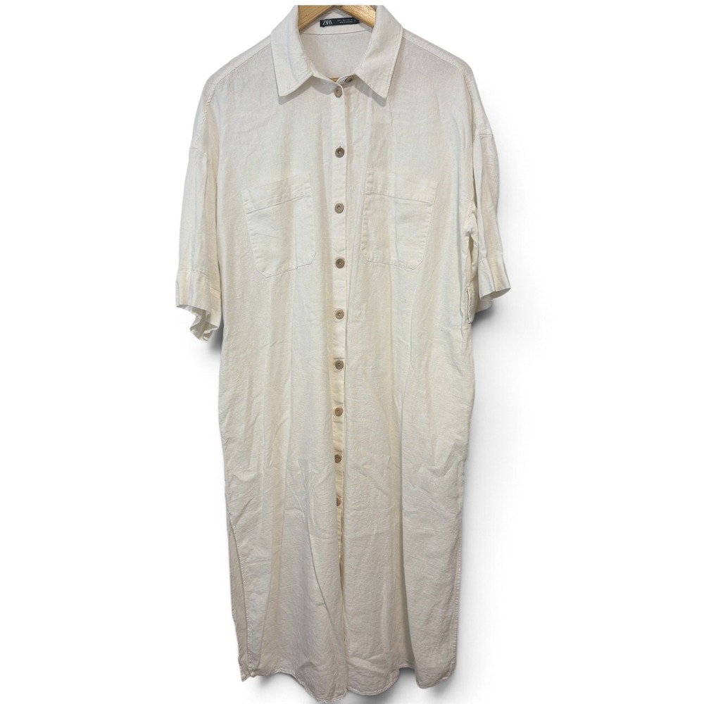 Zara Women white Linen Blend Button Down Midi Shirt Dress Oversized Short Sleeve